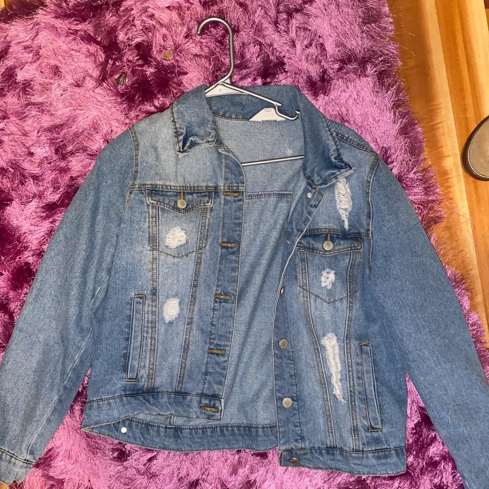 distressed light blue washed denim jacket